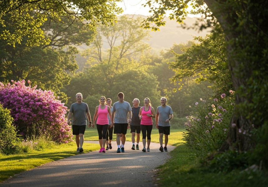 Skupina ľudí kráča po chodníku v parku, obklopená zeleňou a kvetmi.