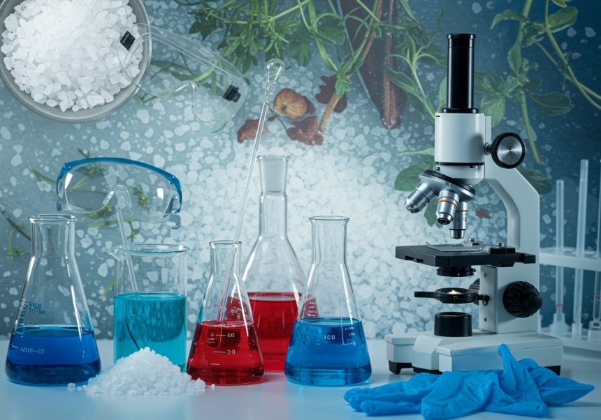 Laboratórne sklo s modrými a červenými kvapalinami, mikroskop a ochranné pomôcky.