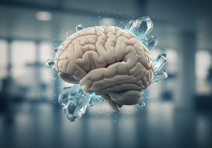 Model mozgu obklopený kryštálmi, symbolizujúcimi lítiovú terapiu.