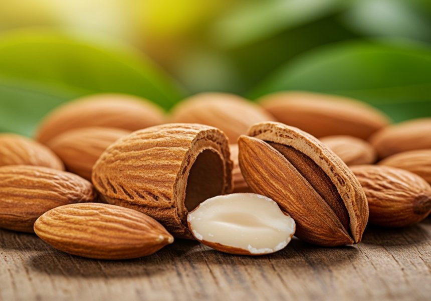 Zložené mandle na drevenom stole, niektoré sú v škrupine, iné sú olúpané.