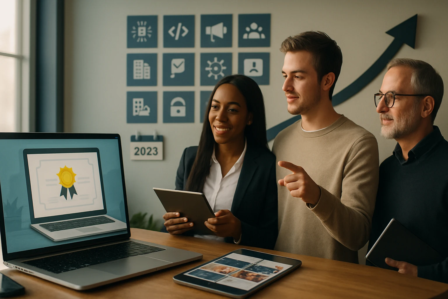 Skupina profesionálov diskutuje o certifikáte na laptopoch v kancelárii.