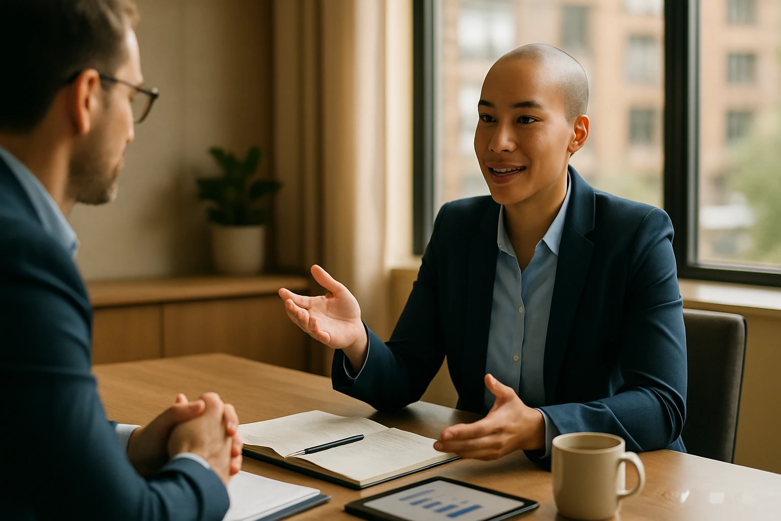 Žena v obleku diskutuje s mužom pri stole, pred nimi sú poznámky a tablet.