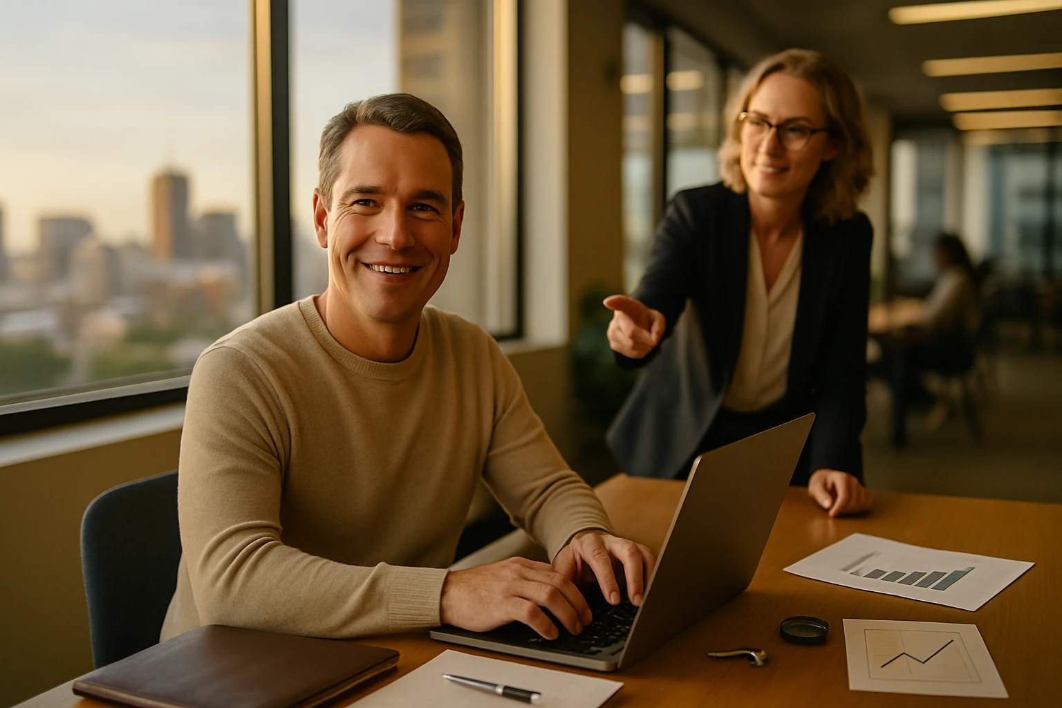 Muž pracuje na laptopu, žena mu ukazuje na grafy az dokumenty na stole.