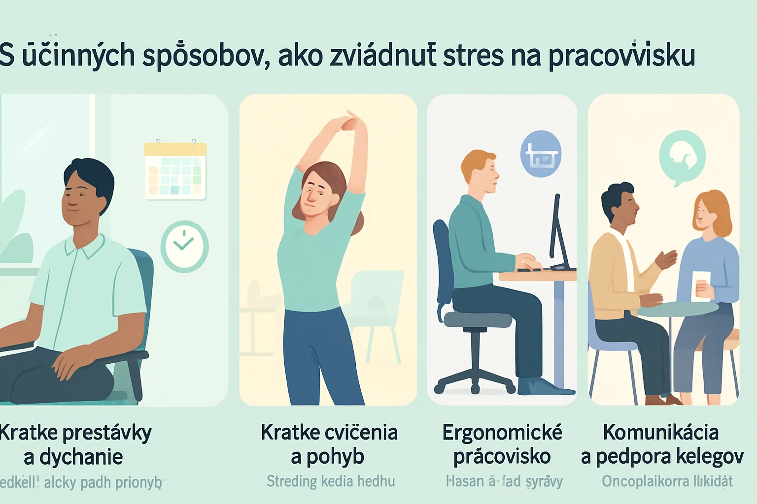 Ilustrácia znázorňujúca rôzne spôsoby na zníženie stresu v práci.