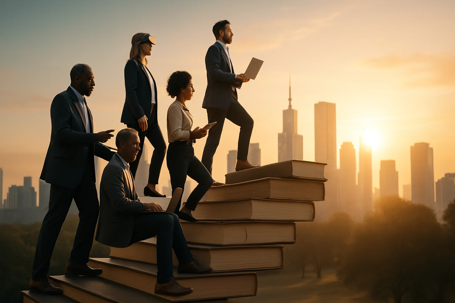 Skupina profesionálov, ktorí stoja lépe na obrovských knihách, s mestským pozadím.