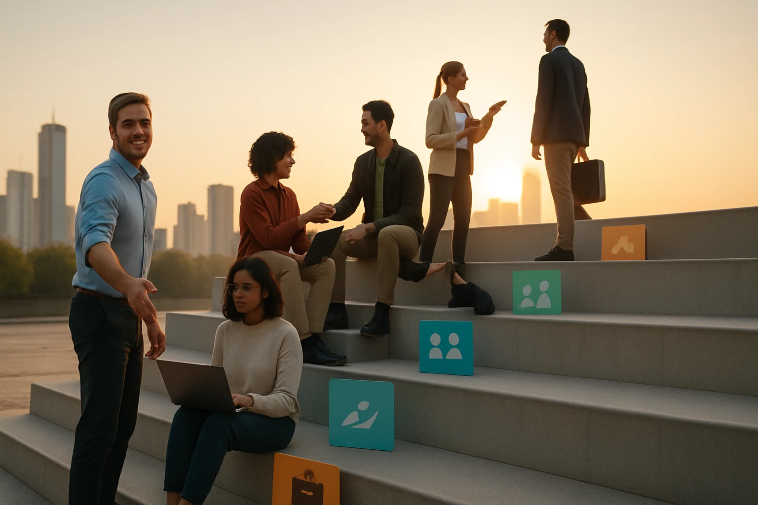 Skupina mladých profesionálov diskutuje a pracuje na schodoch v mestskom prostredí.