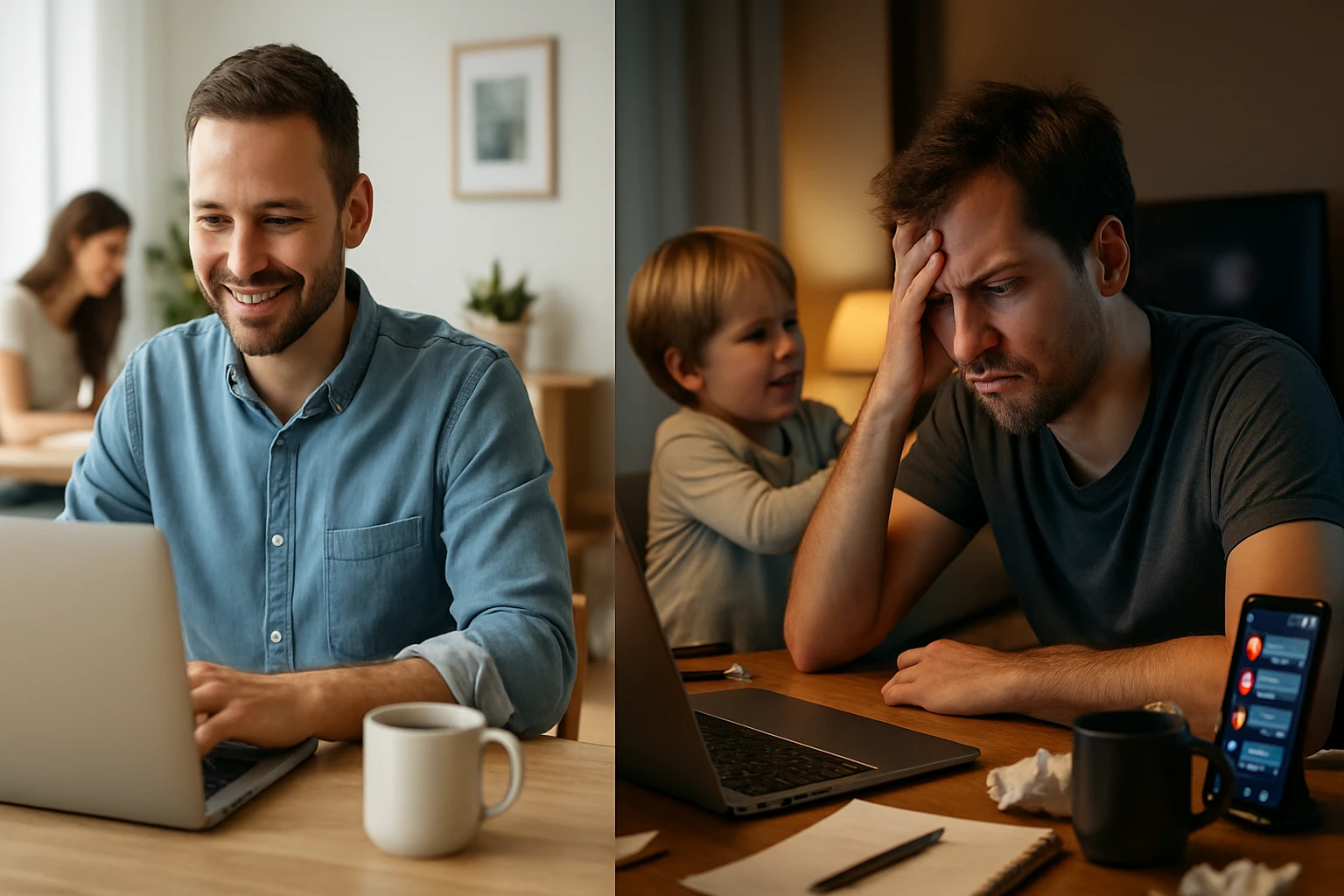 Muž pracuje na počítači s úsmevom, zatiaľ čo iný muž vyzerá frustrovane.