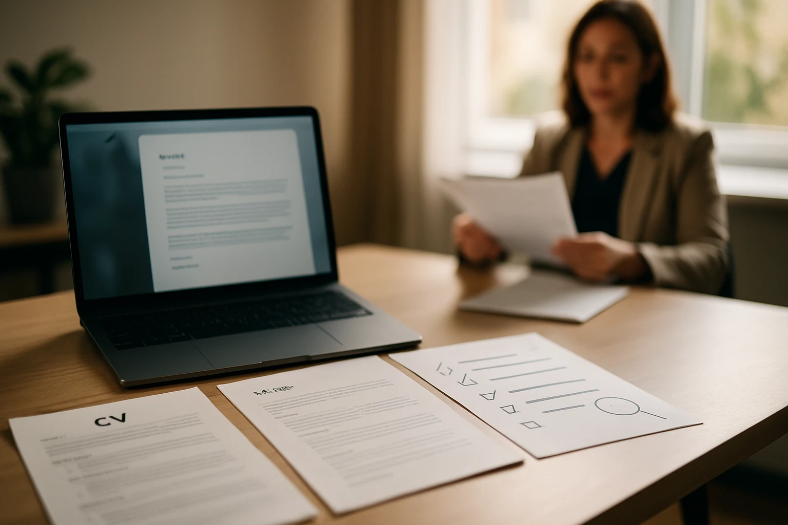 Žena sedí pri stole s laptopom a dokumentmi, vrátane životopisu.