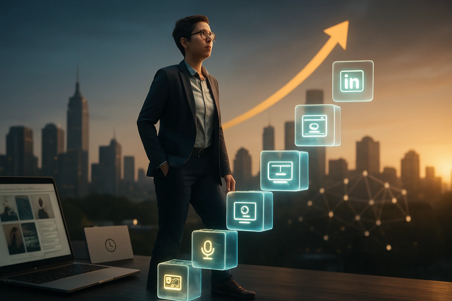 Osoba v obleku stojí pred mestskou panorámou, okolo nej sú holografické ikony technológií.