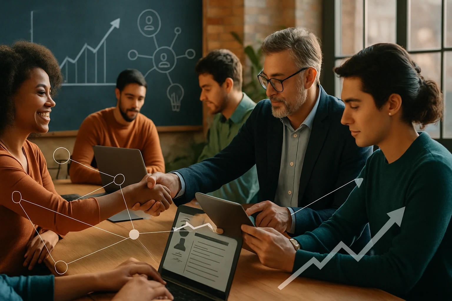 Skupina profesionálov diskutuje a uzatvára dohodu pri stole.