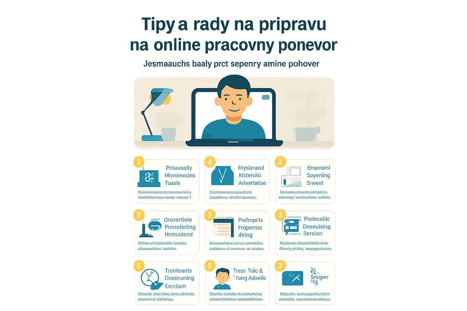 Ilustrácia s tipmi na prípravu na online pracovný pohovor, zobrazuje muža pred počítačom.