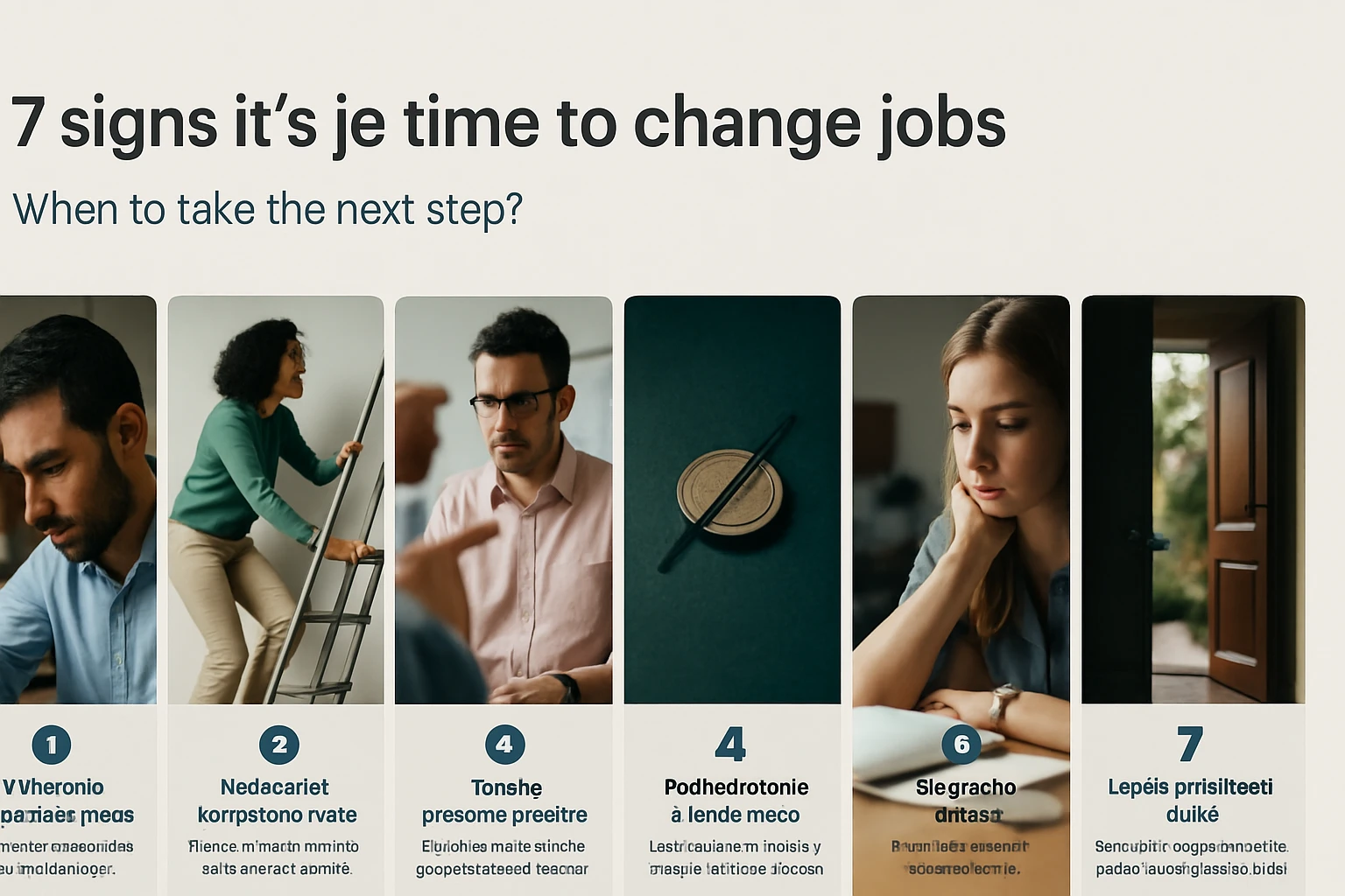 Rôzne osoby premýšľajúce o zmene zamestnania, s rôznymi emóciami a situáciami.