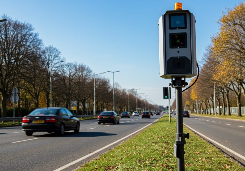 Mobilný radar na kontrole rýchlosti umiestnený pri ceste s autami.