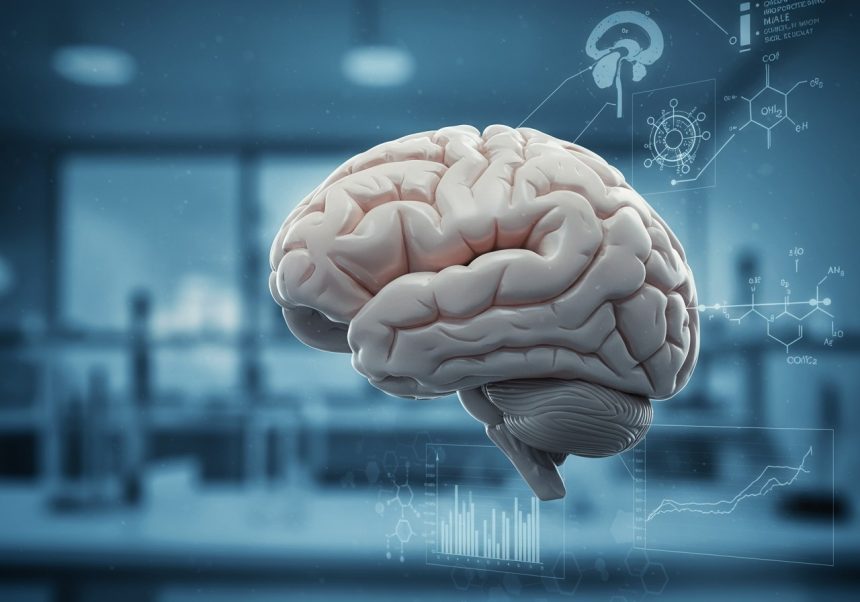 3D zobrazenie mužského mozgu s grafmi a vedeckými symbolmi v pozadí.