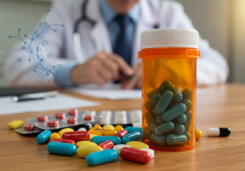 Fľaša s antibiotikami a rôzne lieky na stole, lekár v pozadí.