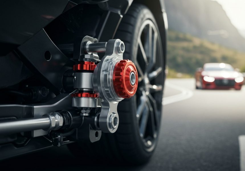 Detailný pohľad na nastaviteľný podvozok automobilu s červenými prvkami.