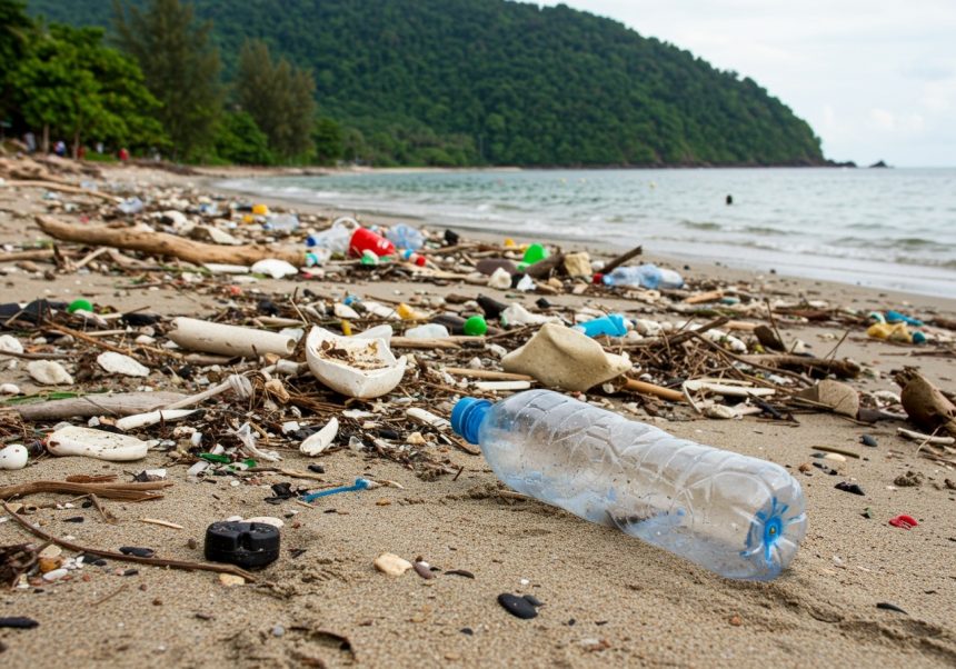 Plastová fľaša leží na znečistené pláži obklopená odpadom a prírodnými zvyškami.