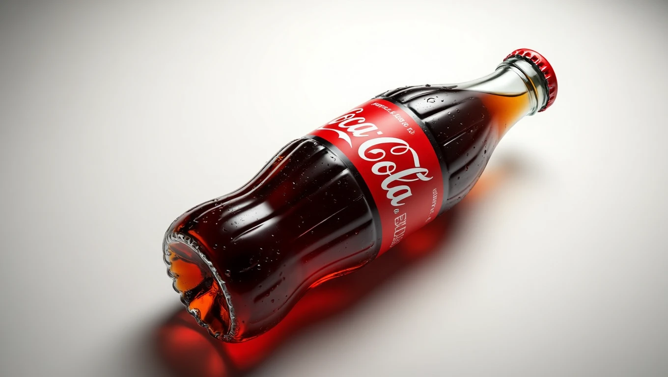 Fľaša Coca-Coly s kvapkami vody na povrchu, na svetlom pozadí.