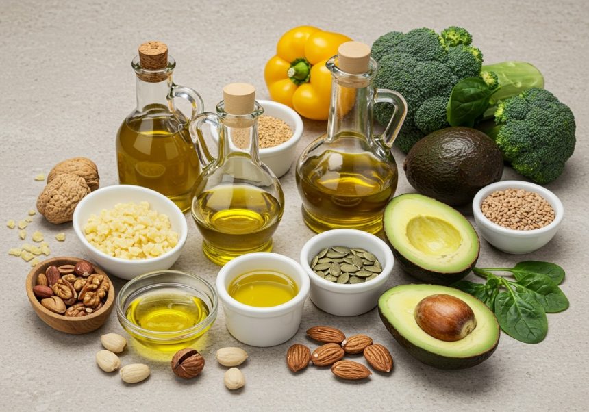 Rôzne zdroje nenasýtených tukov, ako sú oleje, orechy a avokádo.