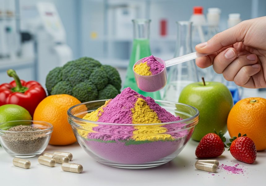 Miska s farebným práškom a čerstvou zeleninou a ovocím okolo.