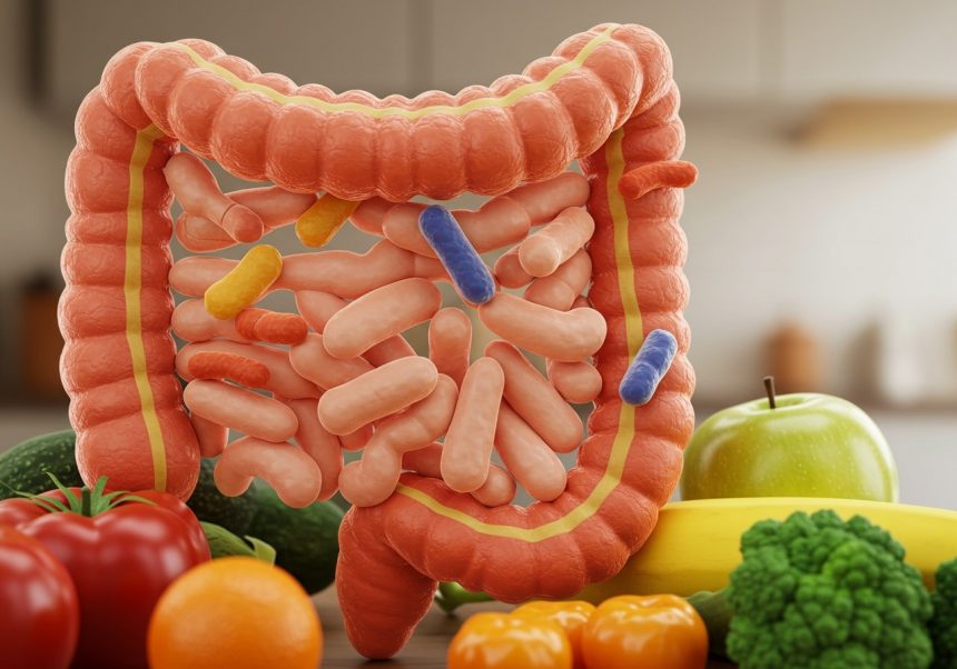 Ilustrácia črevného traktu s rôznymi baktériami a zeleninou v pozadí.
