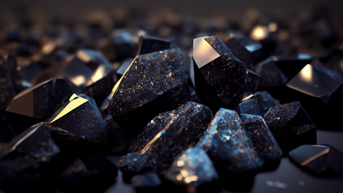 Hromada lesklých obsidiánových kryštálov rôznych tvarov a veľkostí.