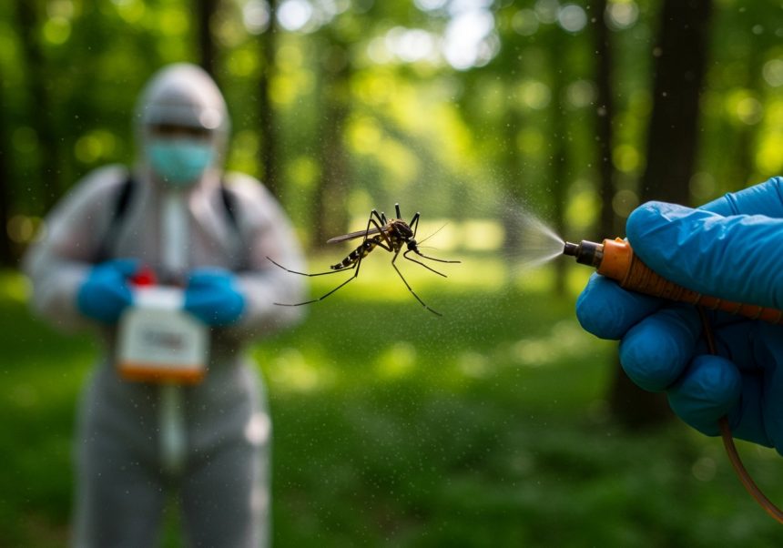 Osoba v ochrannom oblečení strieka repelent na komára v lese.