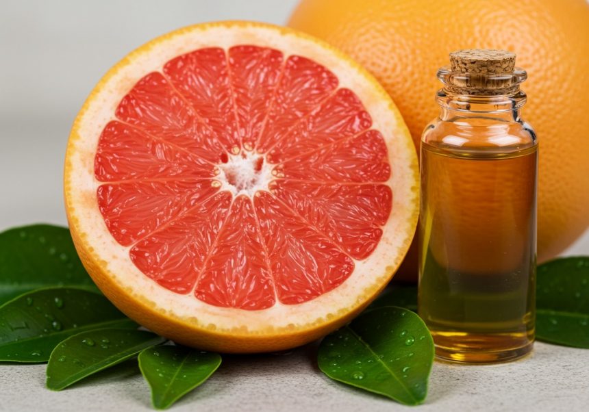 Fľaša oleja z grapefruitových jadierok vedľa rozkrojeného grapefruitu.