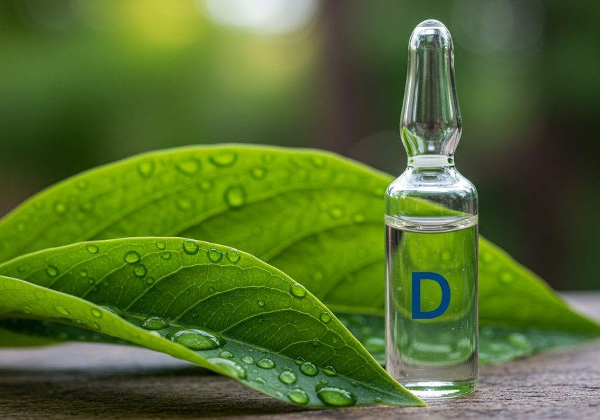 Sklenená ampulka s vitamínom D leží na listoch s kvapkami vody.