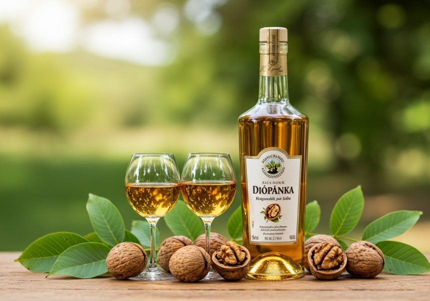 Fľaša orechovice s dvoma pohármi a orechmi na drevenom stole.