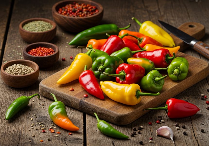 Rôzne druhy chili papričiek na drevenej doske, vedľa korenia a noža.
