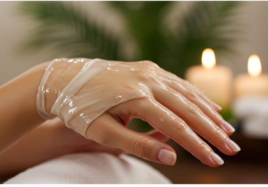 Ruka s parafínom, ktorý hydratuje a zjemňuje pokožku, v relaxačnom prostredí.