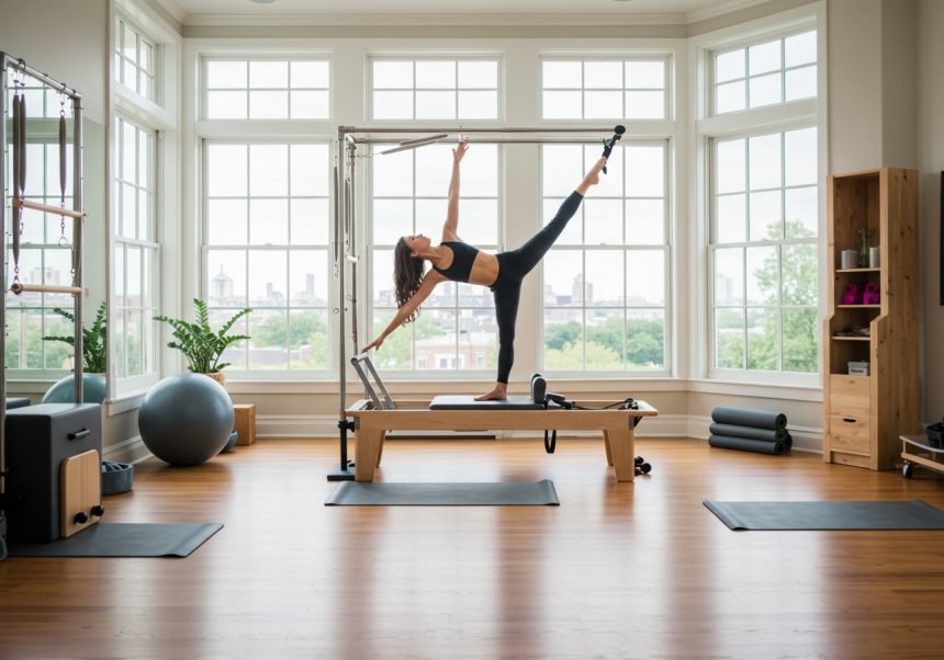 Žena cvičí pilates na reformeri v svetlej miestnosti s veľkými oknami.