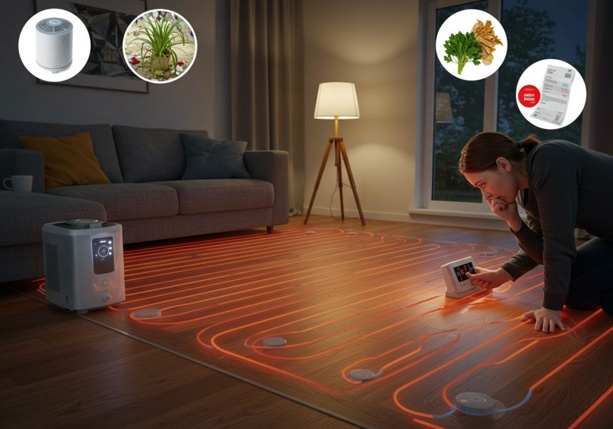 Žena kontroluje podlahové kúrenie v obývacej izbe s moderným dizajnom.