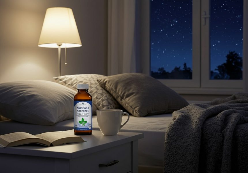 Na nočnom stolíku je fľaša Valeriana Night Forte, šálka a kniha, v pozadí hviezdne nebo.