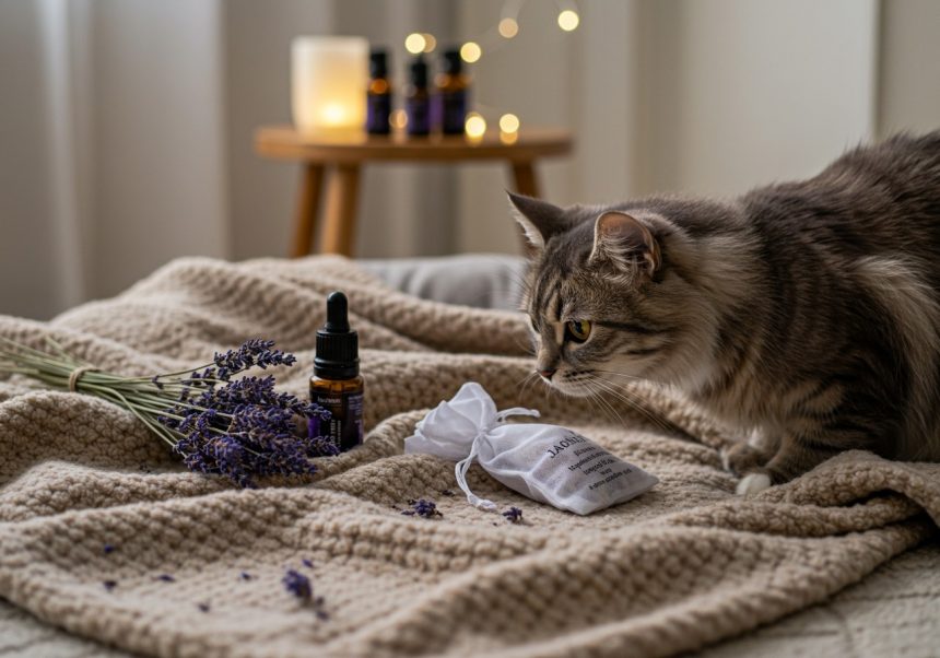 Mačka skúma levanduľu a aromaterapeutické oleje na útulnej deke.