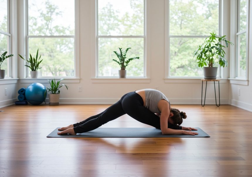 Žena cvičí jogu v miestnosti, predklon s jednou nohou vzadu, uvoľnené prostredie.