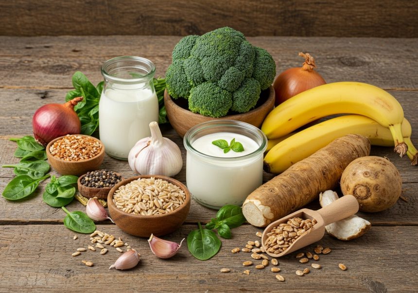 Zelenina, ovocie a mliečne výrobky bohaté na prebiotiká na drevenom stole.