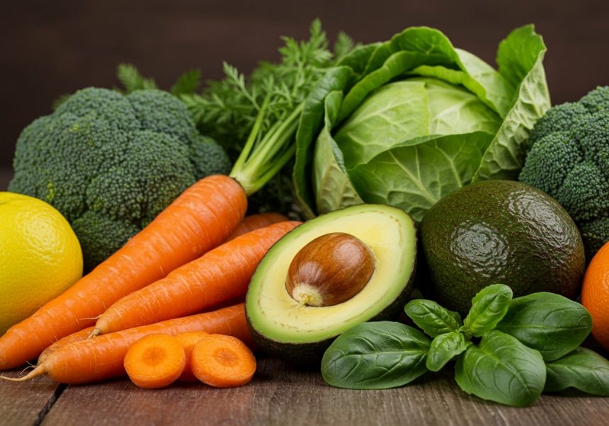 Zelenina vrátane brokolice, mrkvy, avokáda a citrónu na drevenom stole.