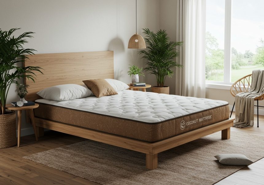 Kokosový matrac na drevenej posteli v moderne zariadenej spálni s rastlinami.