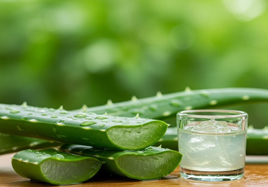 Čerstvé listy Aloe Vera s kvapôčkami vody a pohár gelu na drevenej doske.