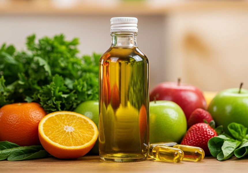 Fľaša rybieho oleja obklopená čerstvým ovocím a zeleninou na drevenom stole.