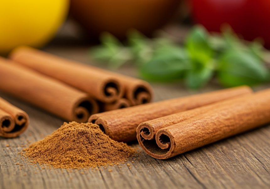 Cinnamon sticks and ground cinnamon on a wooden surface with herbs.
