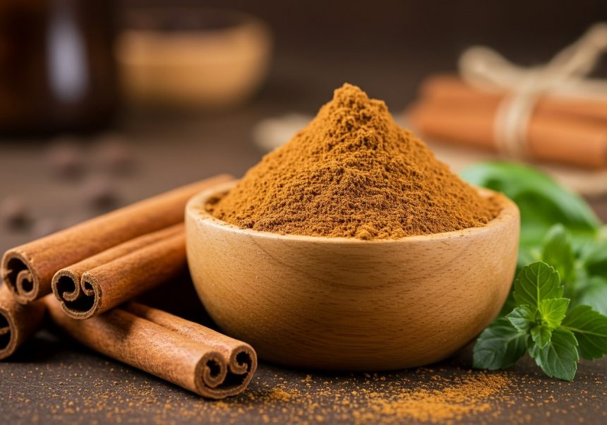 Miska s mletou škoricou a škoricovými tyčinkami na drevenom pozadí.