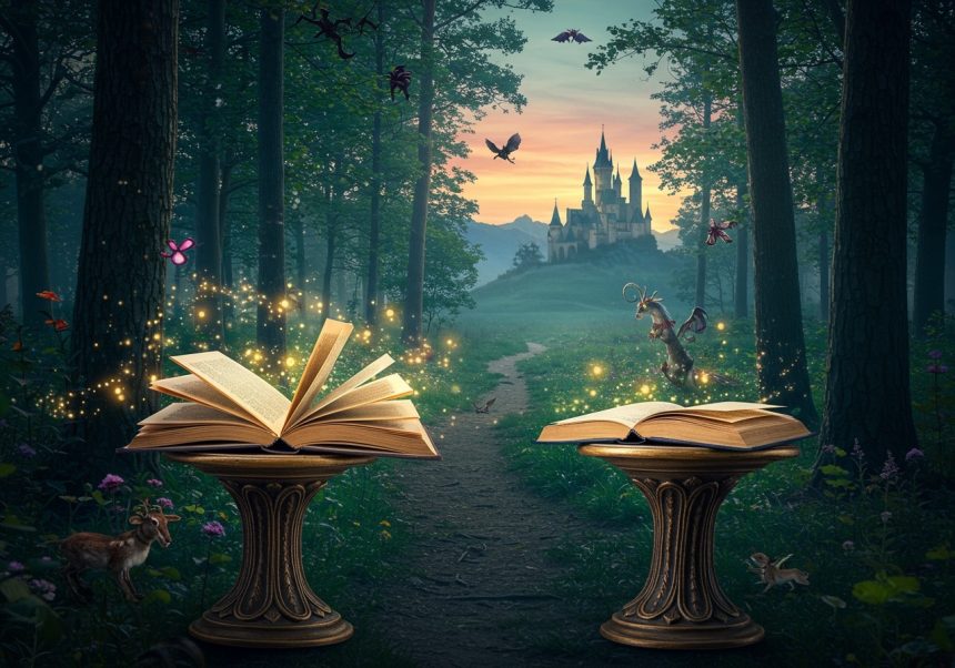 Otvárané knihy s magickými efektmi v lesnom prostredí s hradom v pozadí.