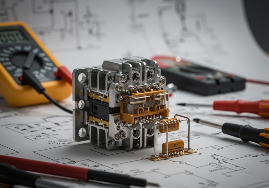 Smerové relé s multimetrom a nástrojmi na elektroinštaláciu.