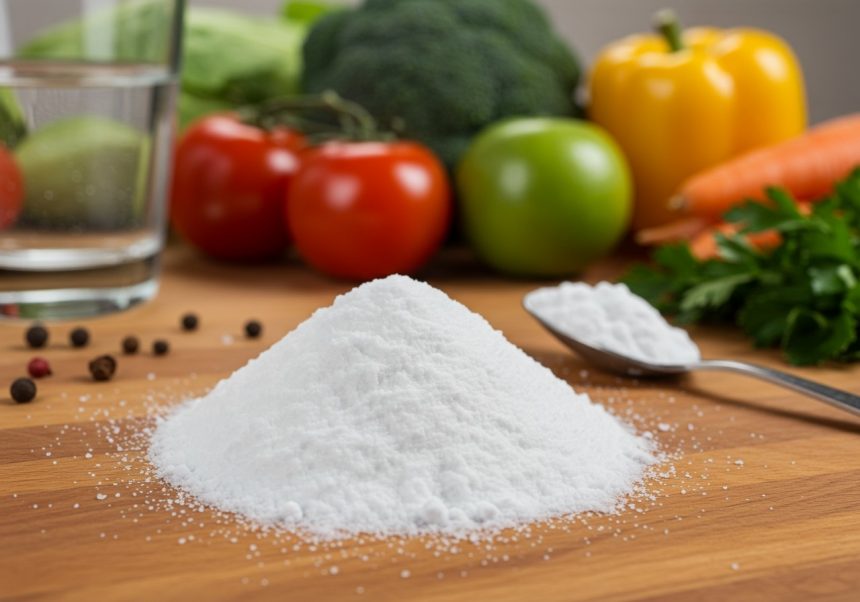 Hromada sódy bikarbóny na drevenej doske s čerstvou zeleninou v pozadí.