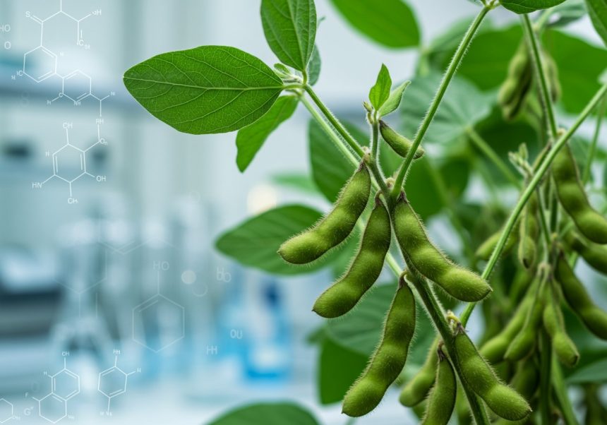 Zelené sójové struky na rastline s chemickými vzorcami v pozadí.