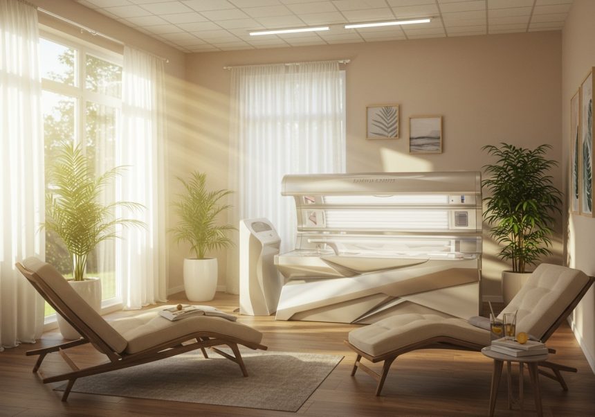 Moderné solárium v útulnej miestnosti so slnečnými lúčmi a rastlinami.