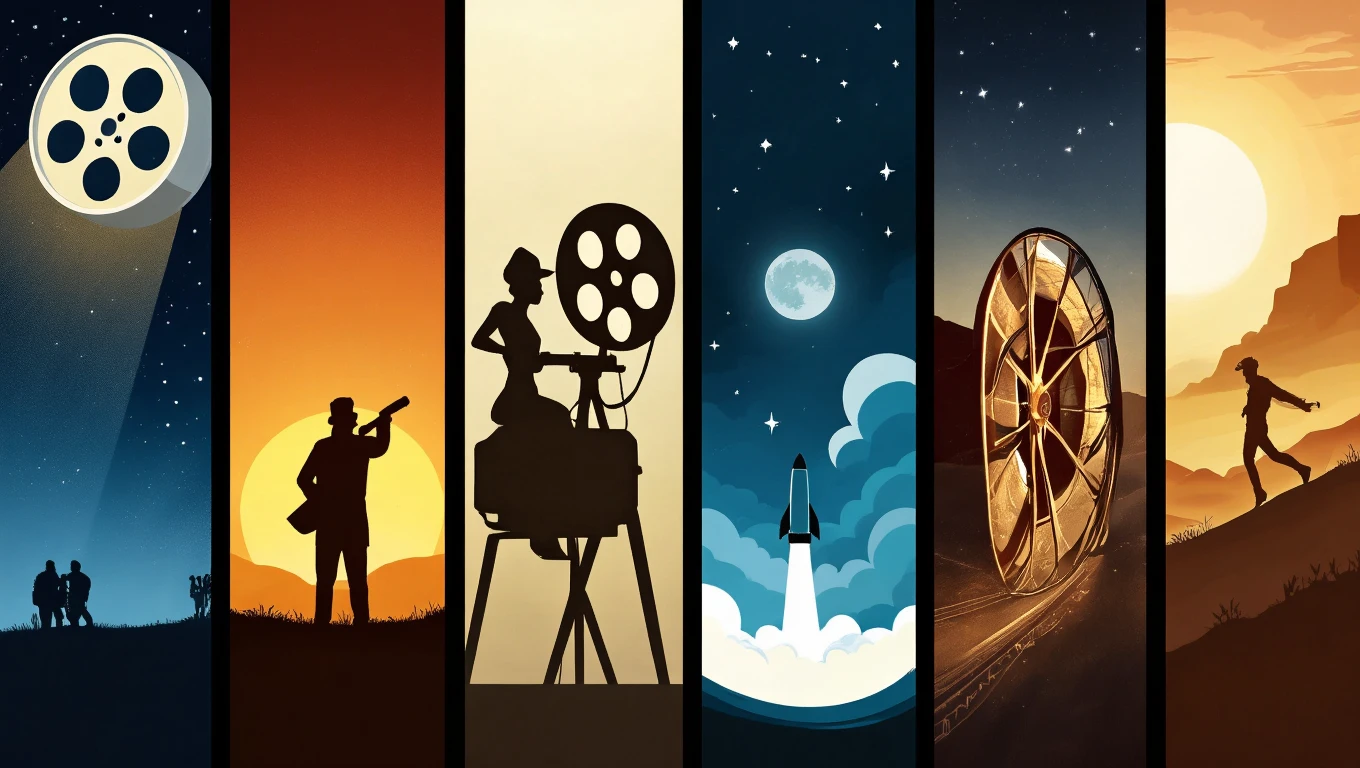 Ilustrácia znázorňujúca rôzne filmové žánre a kinematografické prvky.